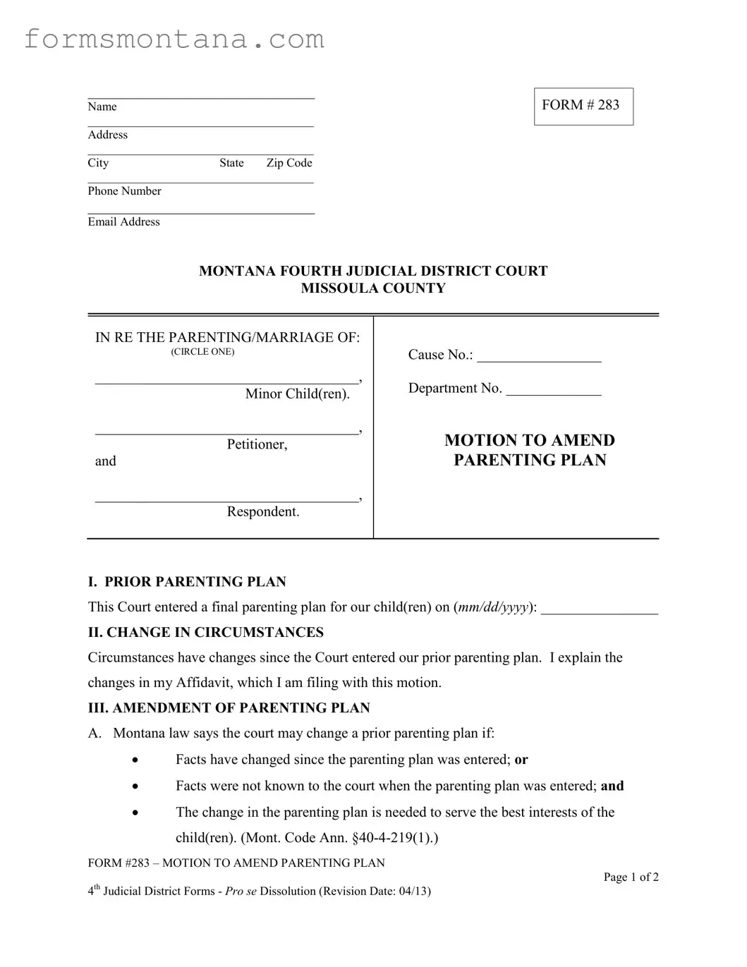 Fill a Valid Montana 283 Form