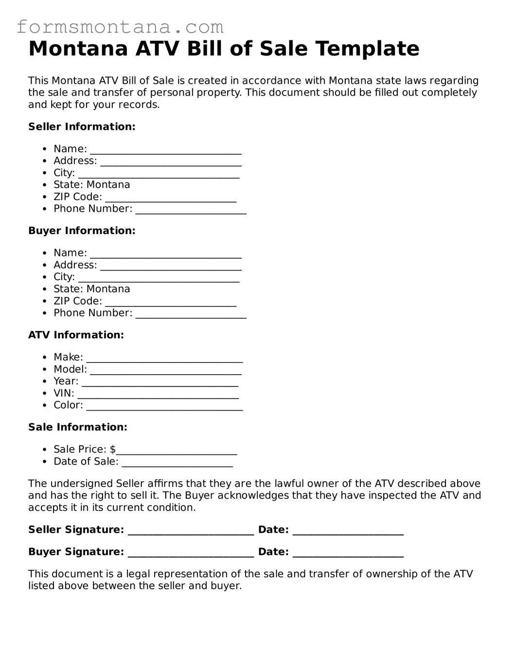 Attorney-Verified  ATV Bill of Sale Form for Montana