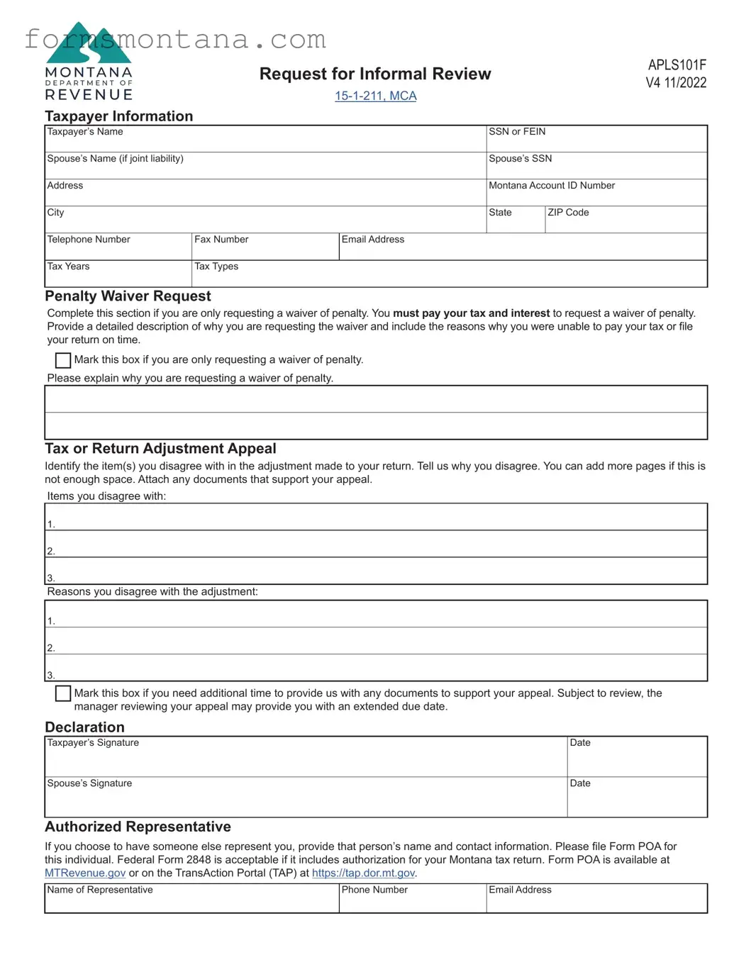 Fill a Valid Montana Apls101F Form