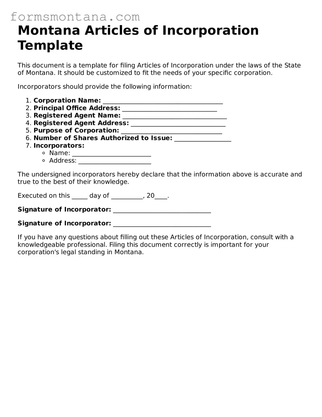 Attorney-Verified  Articles of Incorporation Form for Montana