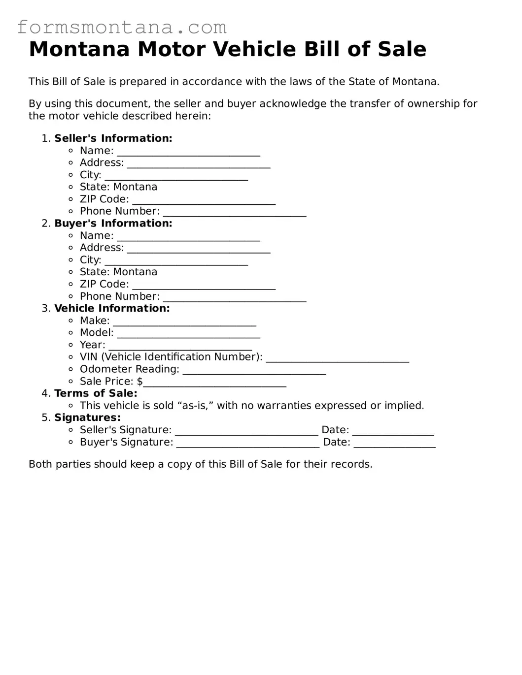 Attorney-Verified  Motor Vehicle Bill of Sale Form for Montana