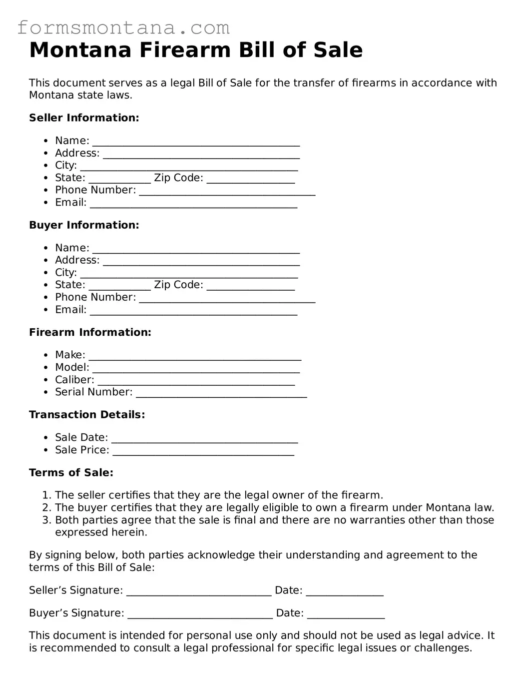 Attorney-Verified  Firearm Bill of Sale Form for Montana
