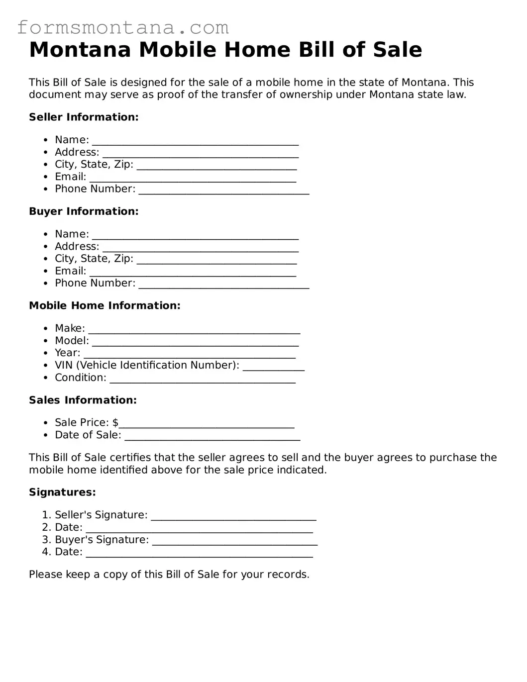 Attorney-Verified  Mobile Home Bill of Sale Form for Montana