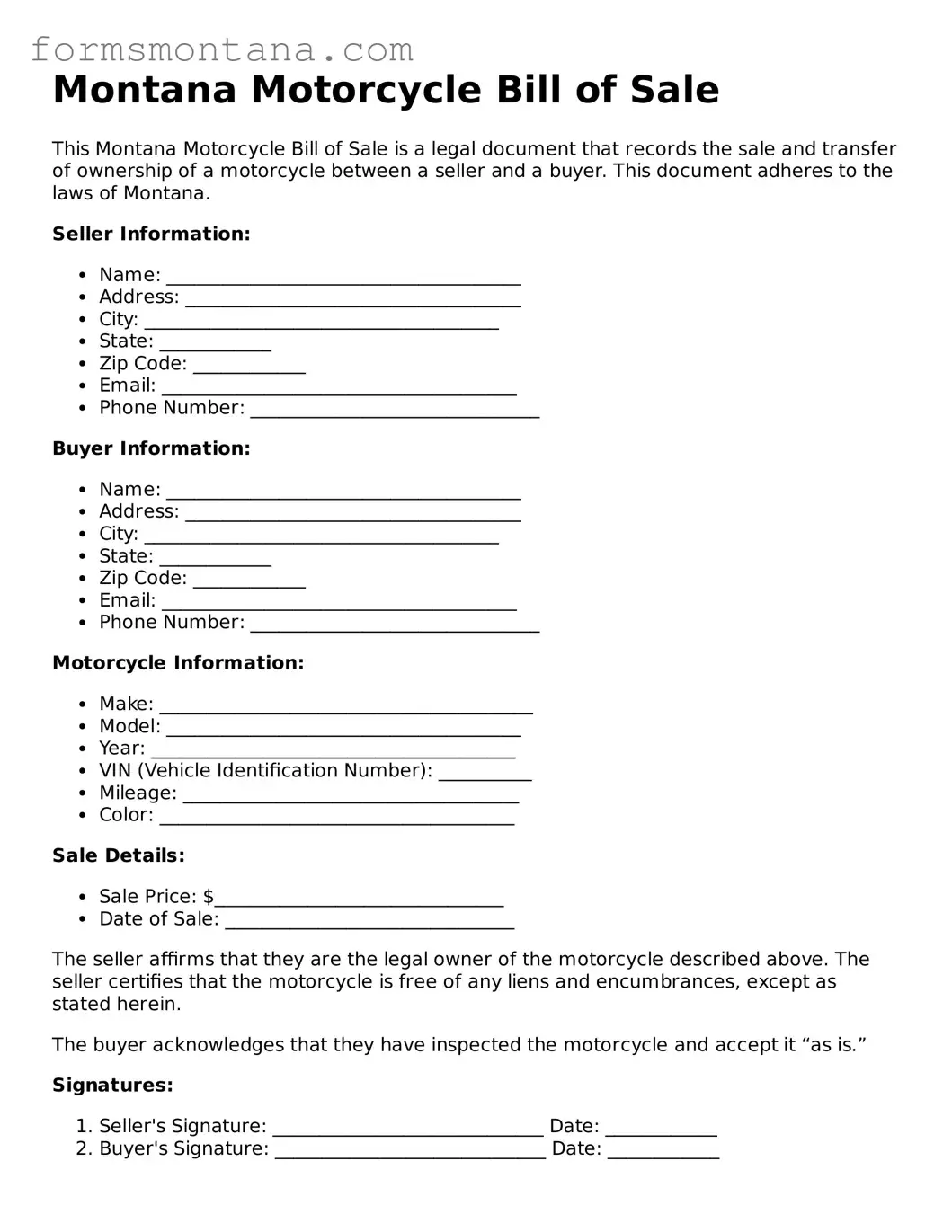 Attorney-Verified  Motorcycle Bill of Sale Form for Montana