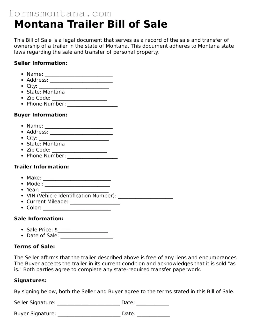 Attorney-Verified  Trailer Bill of Sale Form for Montana