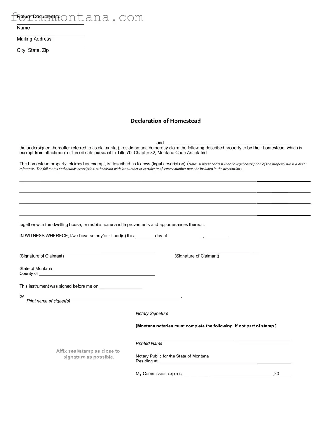 Fill a Valid Montana Declaration Homestead Form