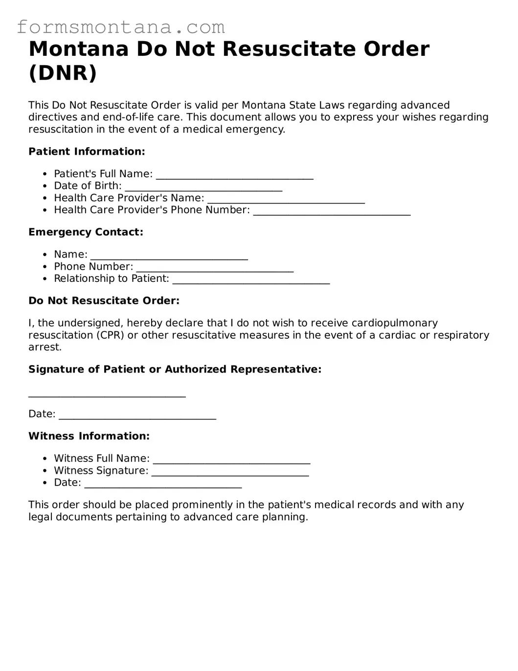 Attorney-Verified  Do Not Resuscitate Order Form for Montana