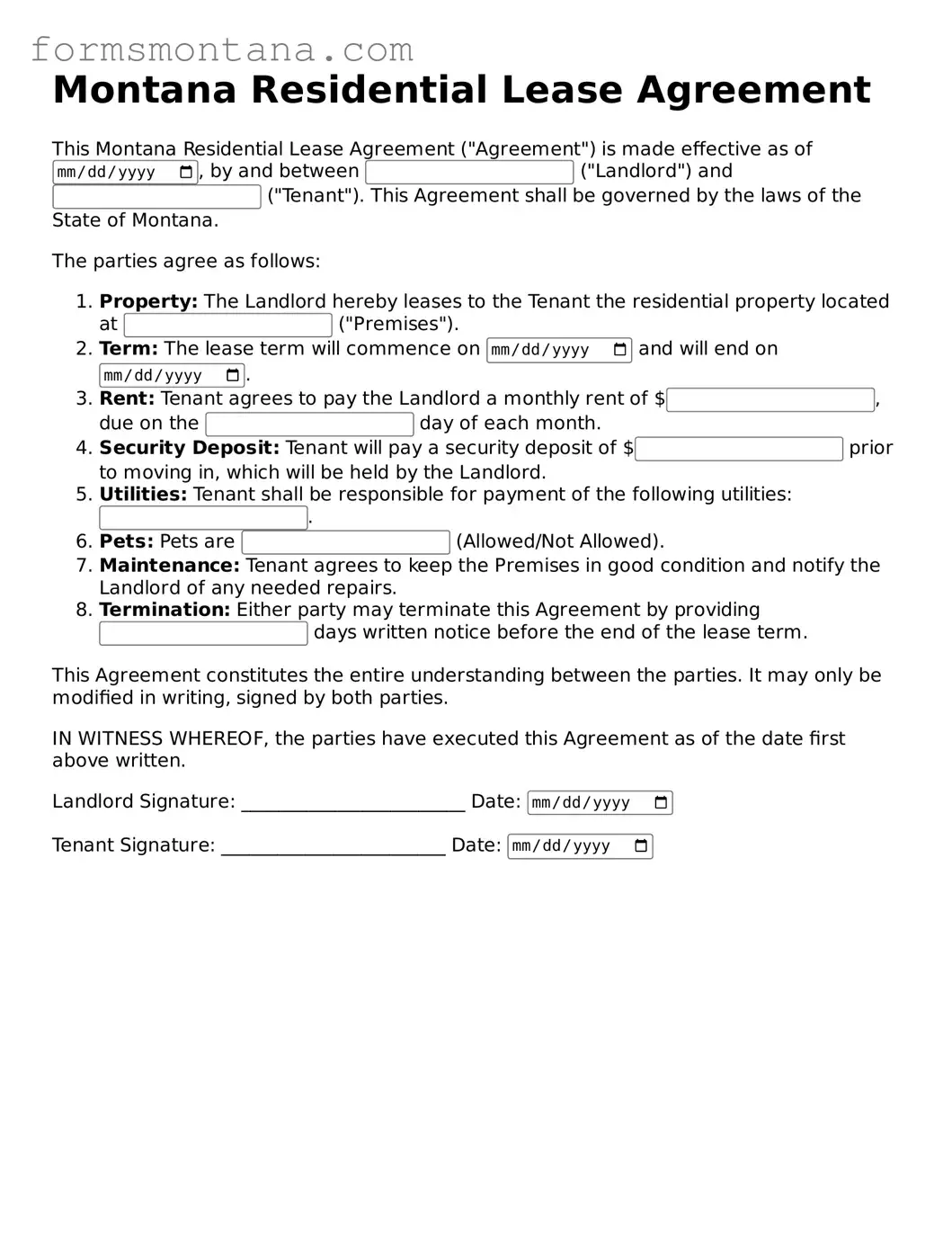 Attorney-Verified  Residential Lease Agreement Form for Montana