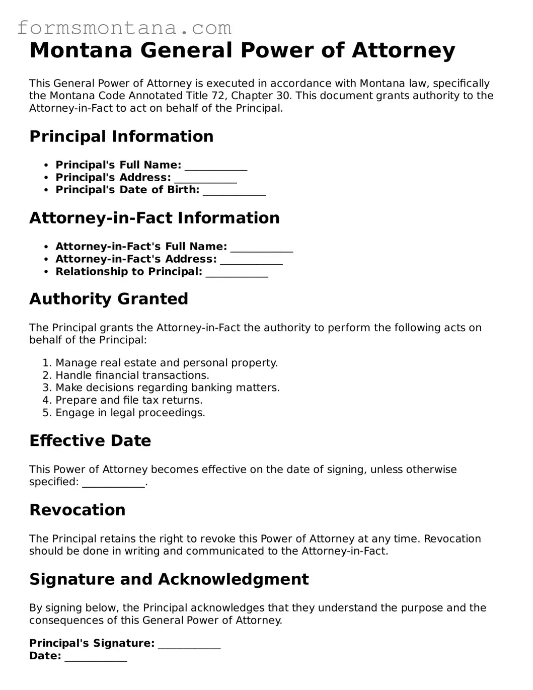 Attorney-Verified  General Power of Attorney Form for Montana