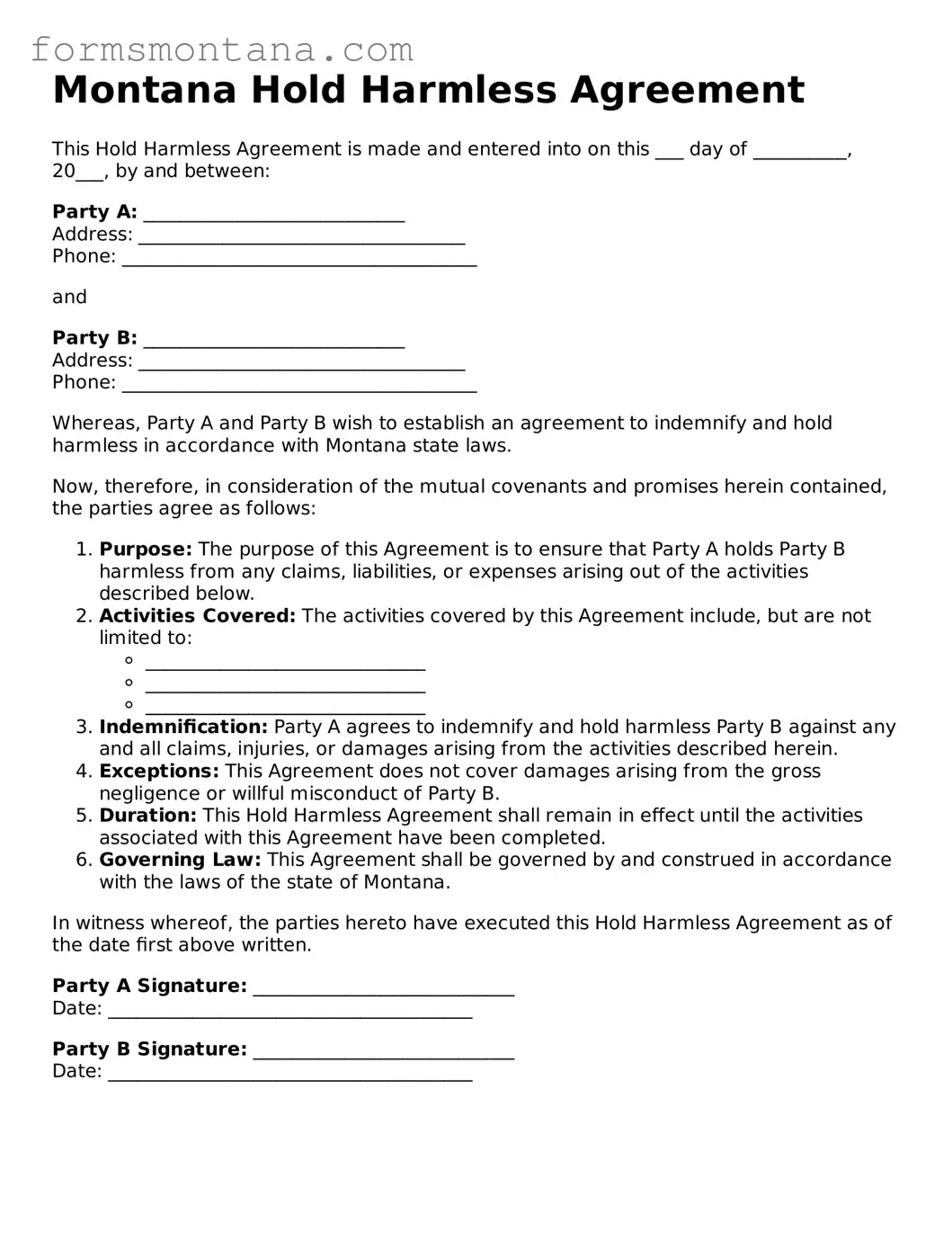 Attorney-Verified  Hold Harmless Agreement Form for Montana