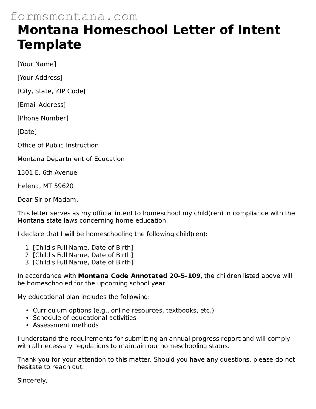 Attorney-Verified  Homeschool Letter of Intent Form for Montana