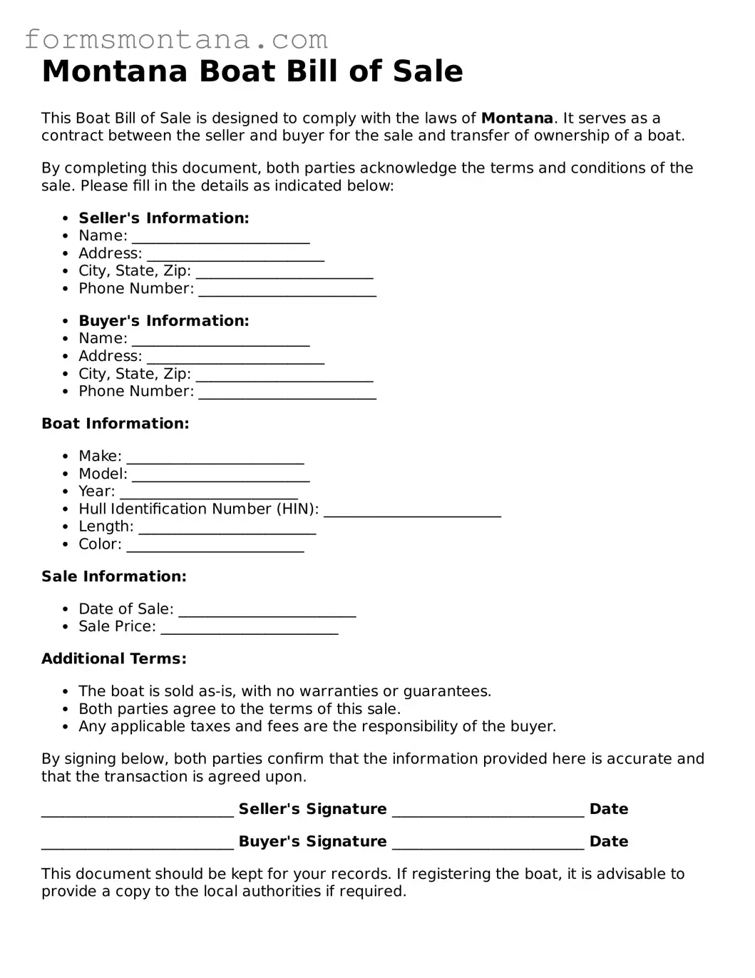 Attorney-Verified  Boat Bill of Sale Form for Montana