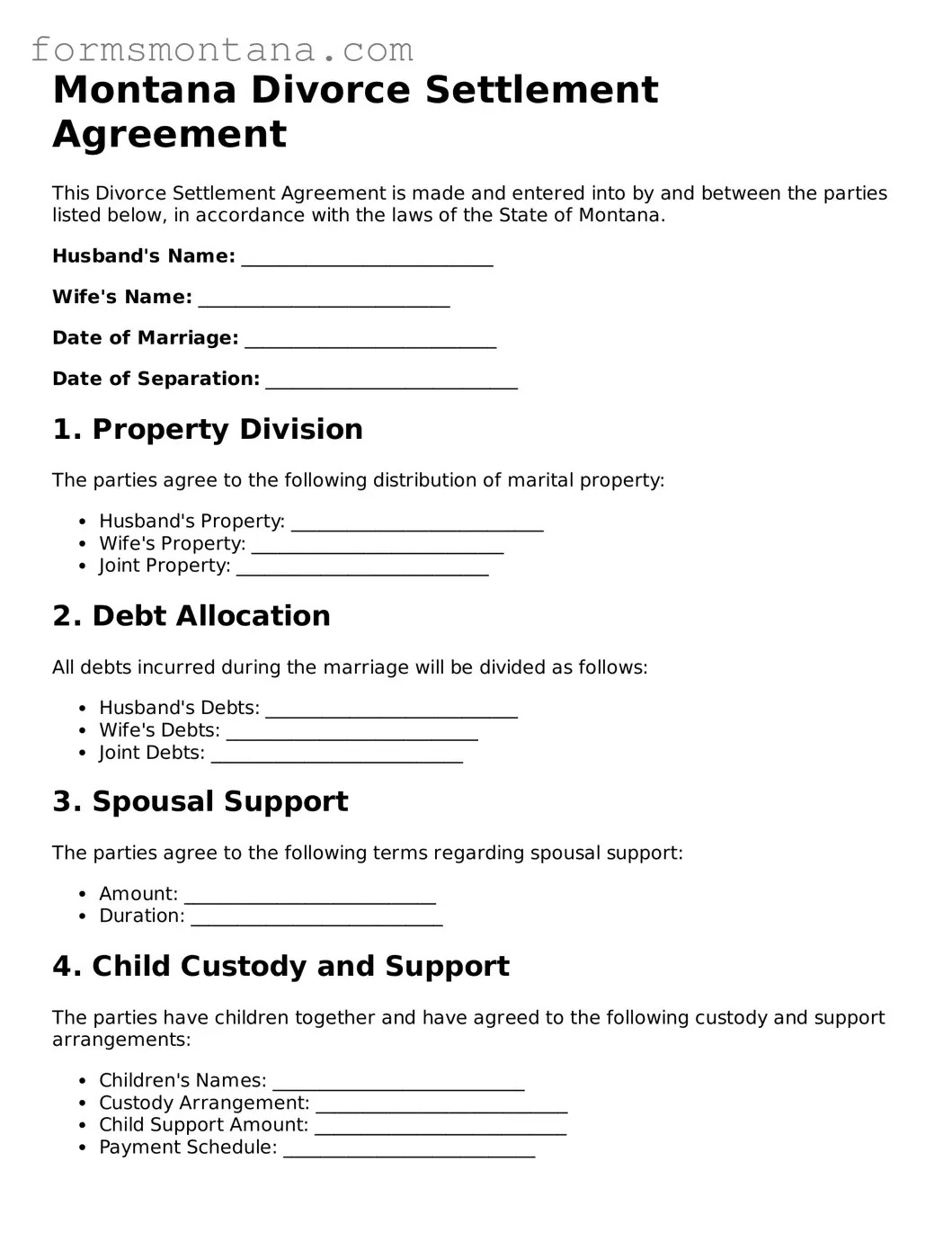 Attorney-Verified  Divorce Settlement Agreement Form for Montana