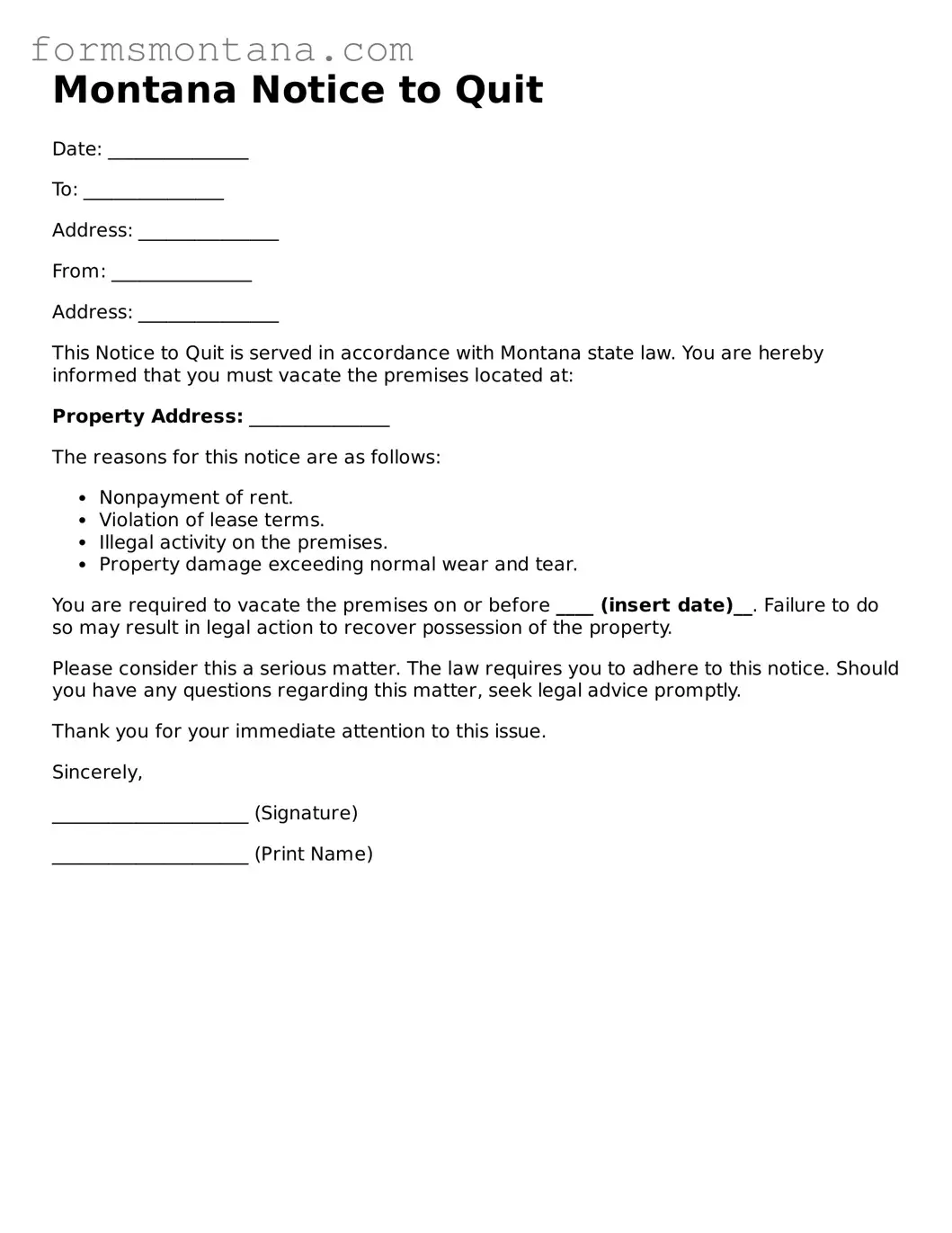 Attorney-Verified  Notice to Quit Form for Montana