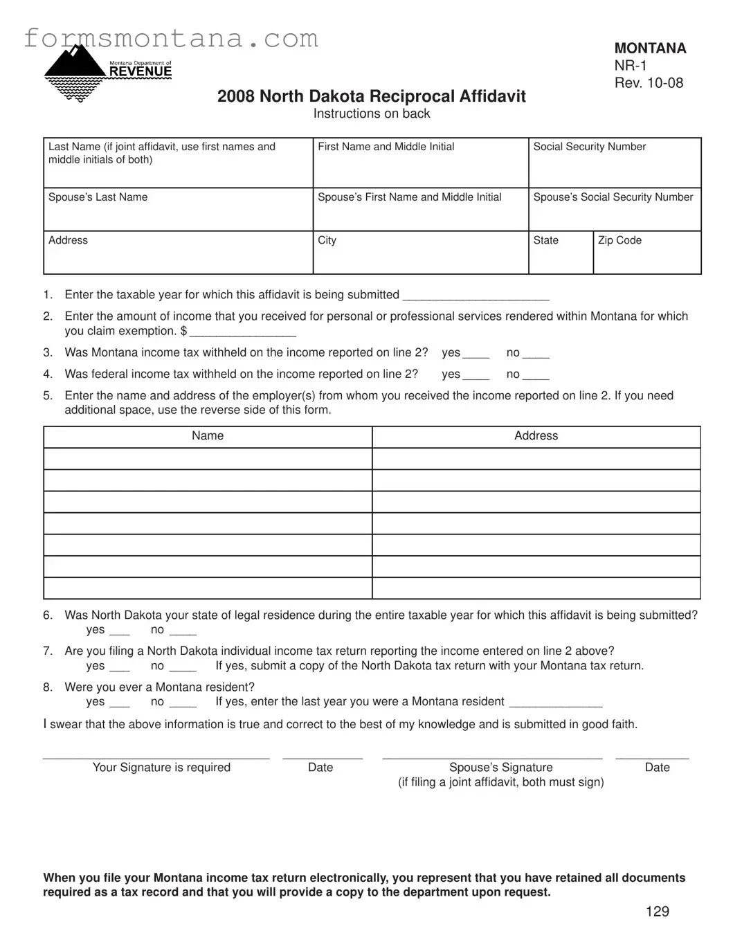 Fill a Valid Montana Nr 1 Form