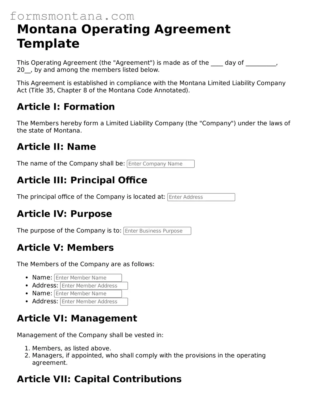Attorney-Verified  Operating Agreement Form for Montana