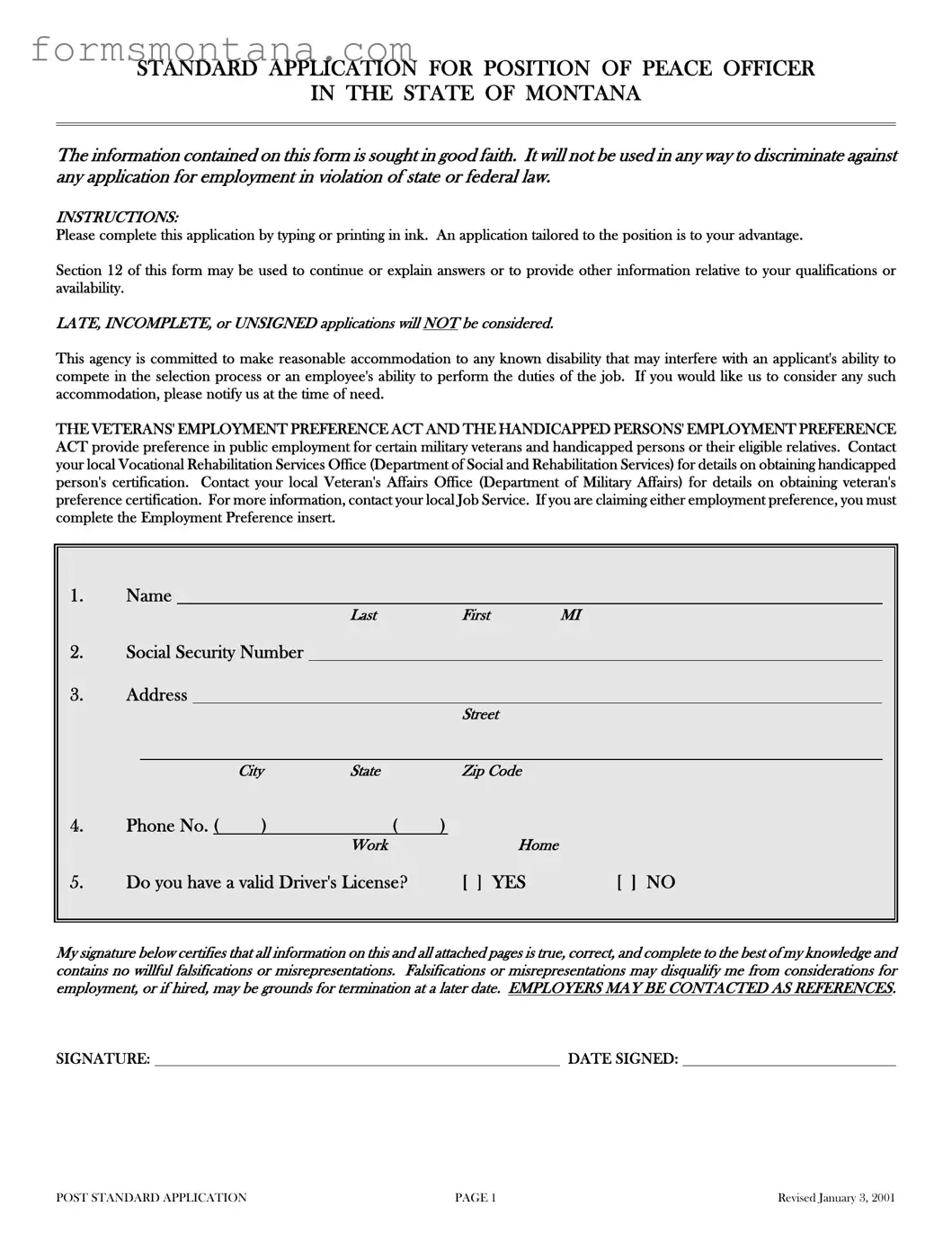 Fill a Valid Montana Post Standard Application Form