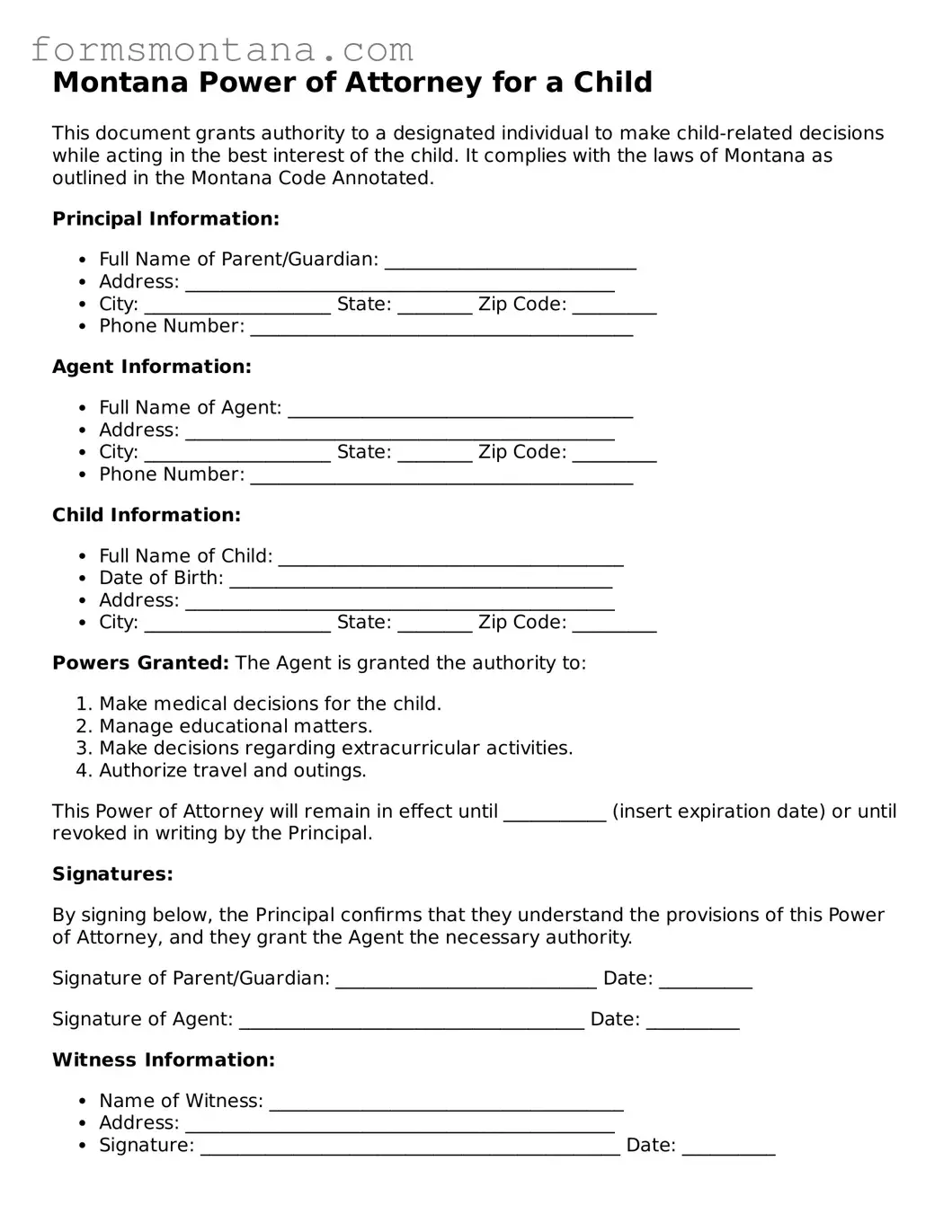 Attorney-Verified  Power of Attorney for a Child Form for Montana