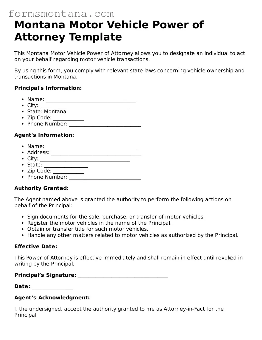 Attorney-Verified  Motor Vehicle Power of Attorney Form for Montana