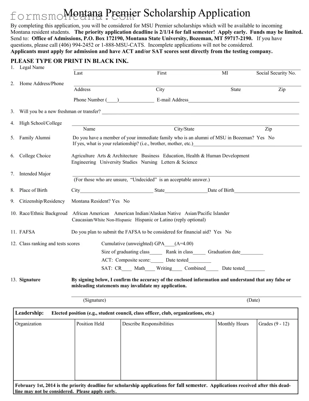 Fill a Valid Montana Premier Scholarship Form