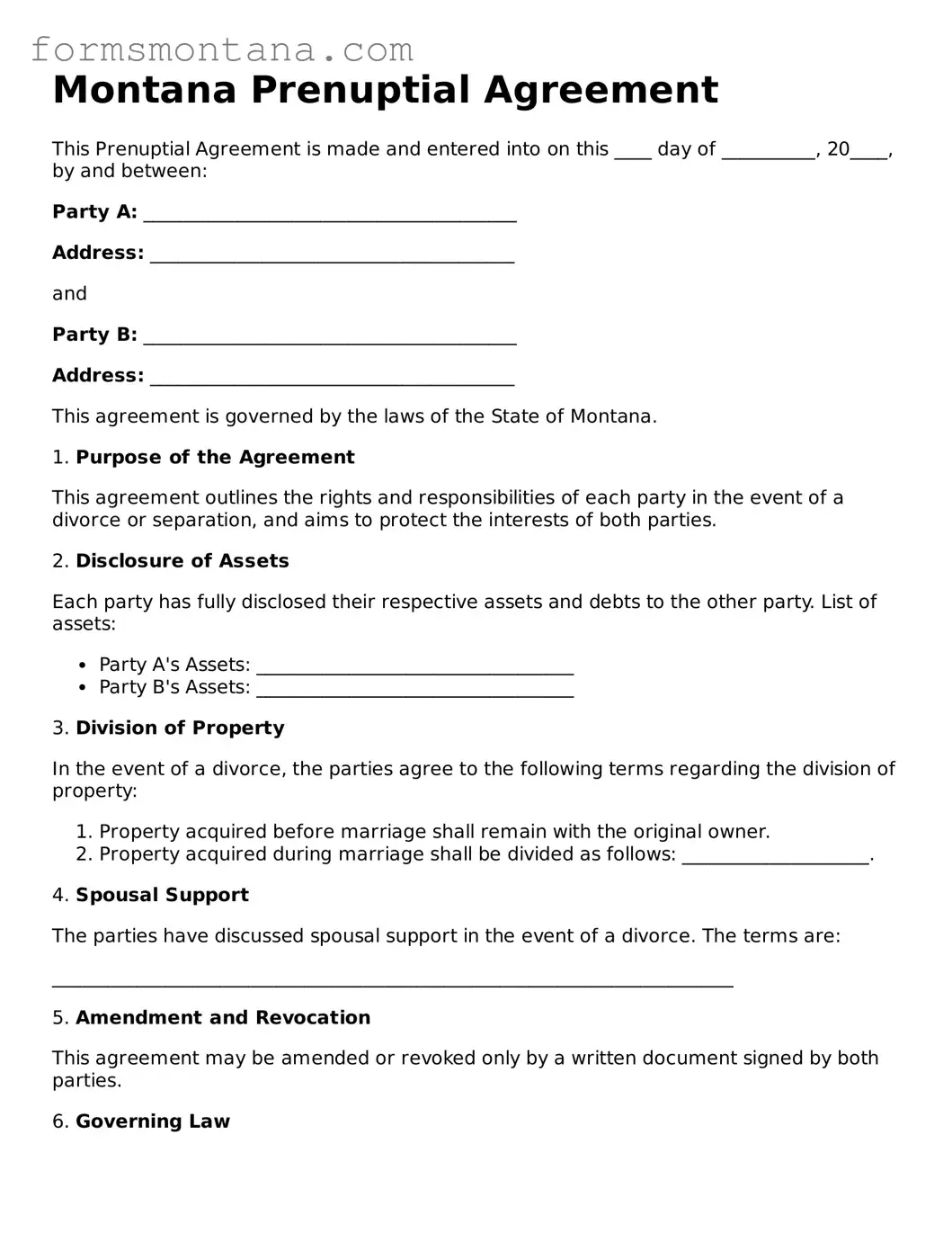 Attorney-Verified  Prenuptial Agreement Form for Montana