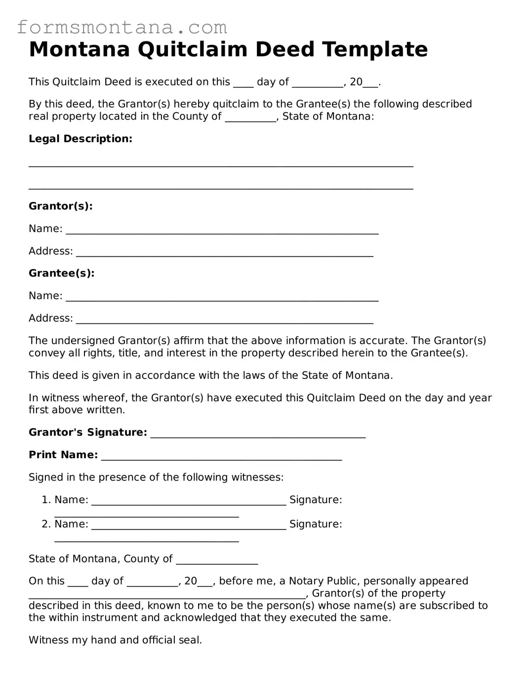 Attorney-Verified  Quitclaim Deed Form for Montana