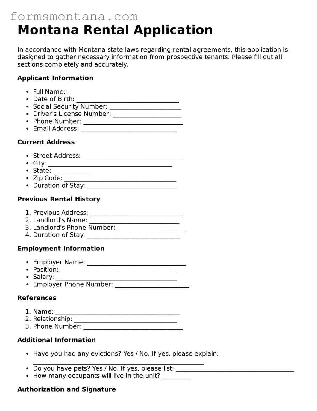 Attorney-Verified  Rental Application Form for Montana