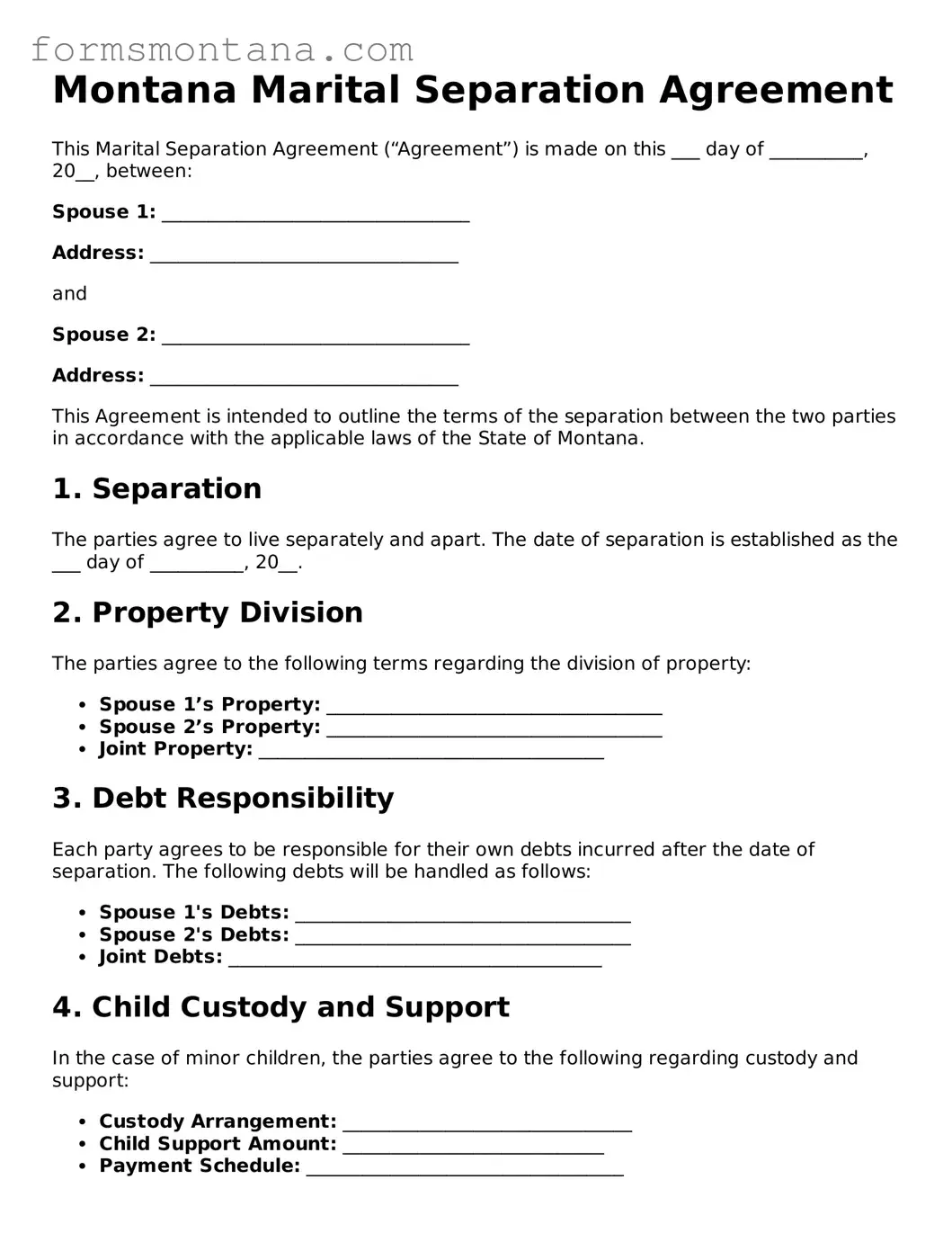 Attorney-Verified  Marital Separation Agreement Form for Montana
