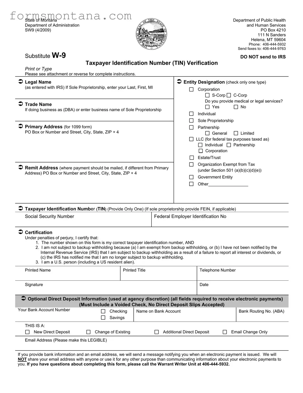 Fill a Valid Montana W 9 Form